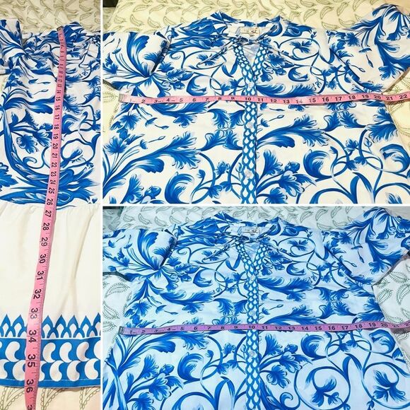 LINA TOMEI Italy Long Sleeve Cotton Baroque Drop Waist Dress Blue Floral M NWT - Picture 13 of 13